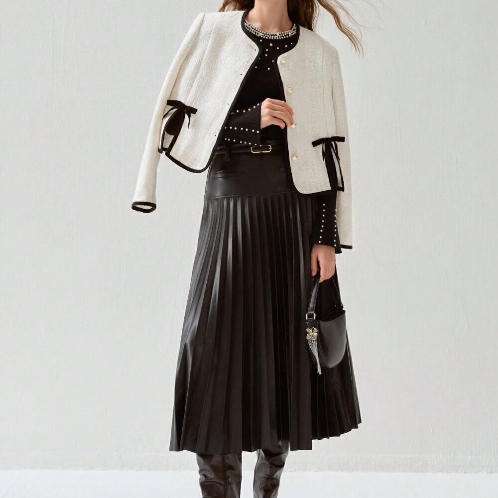 Black Casual Women's Romantic Black Pleated PU Skirt